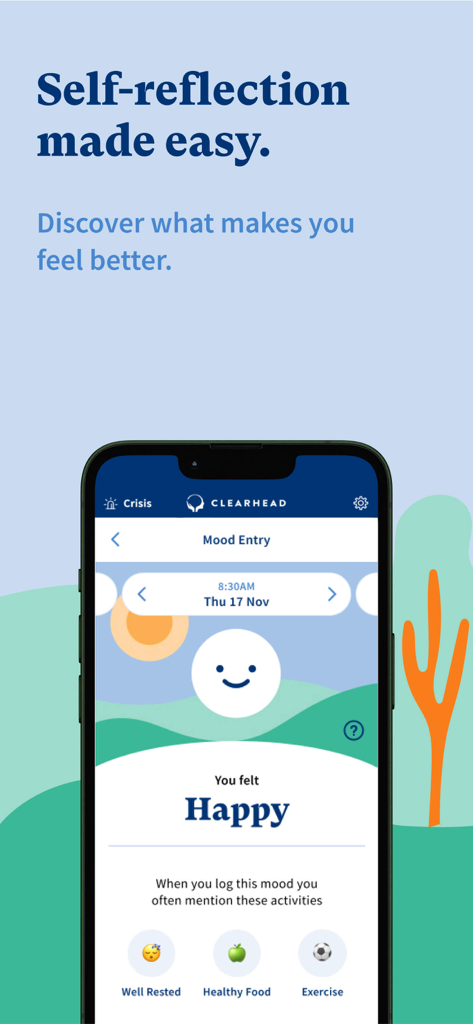 Clearhead - A screenshot of the Clearhead app mood tracking feature showing a happy mood entry with associated habits like exercise and healthy eating.