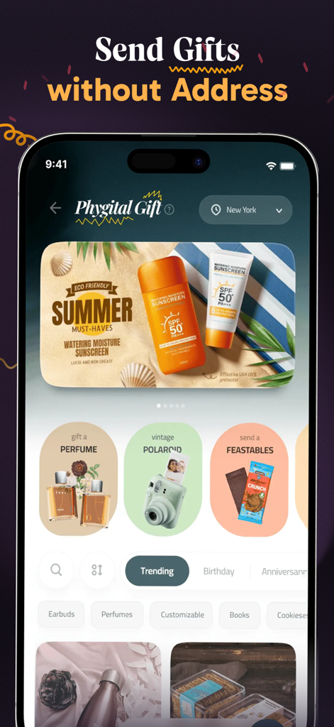 住所なしでギフトを送るというキャッチフレーズと、香水、ビンテージポラロイド、スナックのカテゴリを特徴とするSugaryアプリのホーム画面