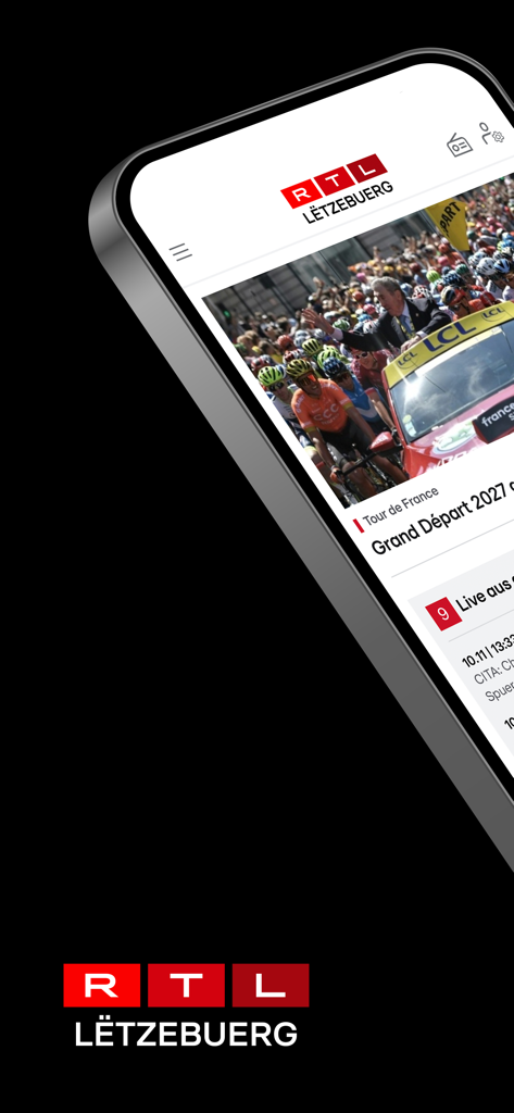 RTL.lu - RTL Letzebuerg mobile news app interface displaying the Tour de France article on a smartphone