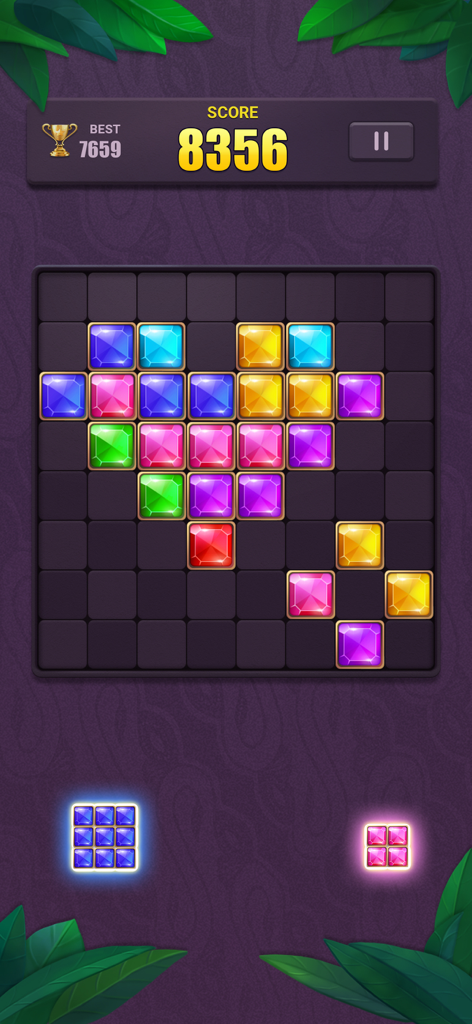 Block Puzzle: Jewel Blast - Gameplay screenshot of Block Puzzle Jewel Blast featuring colorful jewel blocks in a heart shape.
