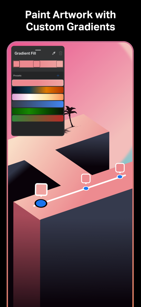 Interface do aplicativo móvel Sketch Pro demonstrando a ferramenta de preenchimento de gradiente personalizada em uma ilustração digital