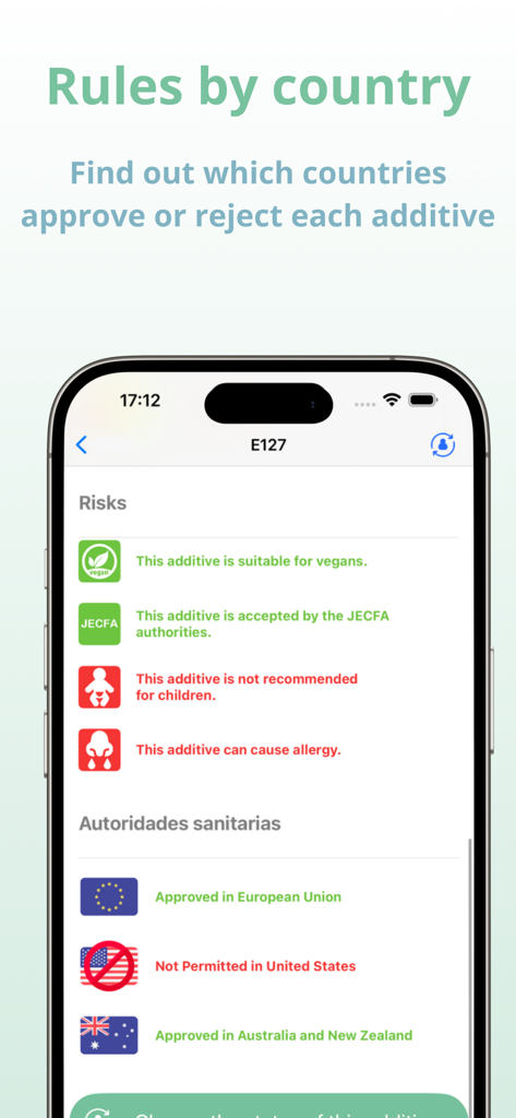 Find Halal food, Scanner Haram - Tela do aplicativo móvel mostrando riscos à saúde e aprovações de autoridades de saúde internacionais para um aditivo alimentar específico