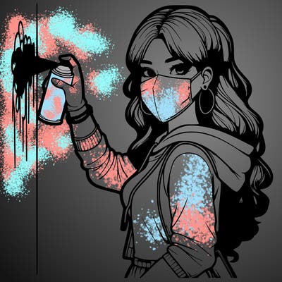 realistic girl with mask spray painting a wall