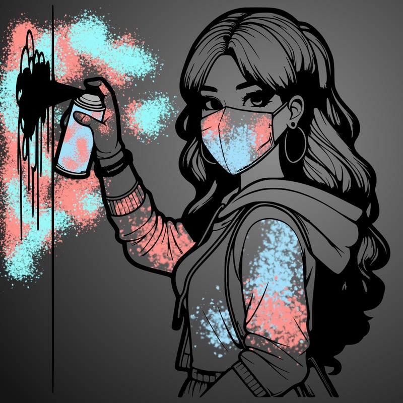 realistic girl with mask spray painting a wall