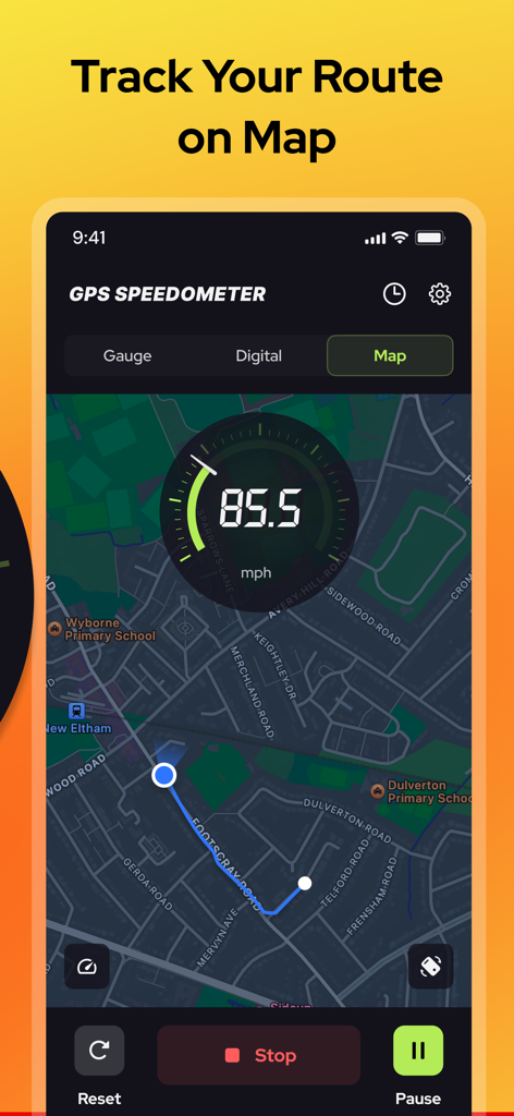 Interfaz de la aplicación Fast Meter que muestra un velocímetro GPS en tiempo real superpuesto a un mapa de navegación con seguimiento de ruta.