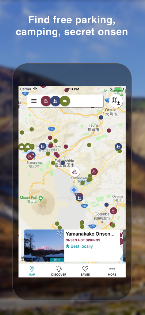 Michi Japan Road Guide Offline - Michi Japan app map interface showing roadside stations and hot spring locations near Mount Fuji