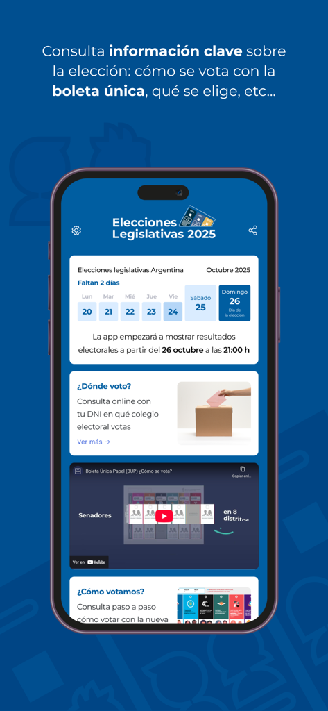 Official Argentine legislative elections app interface with voting information and countdown