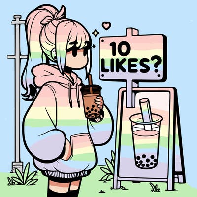 girl with oversized hoodie drinking boba and she has a high ponytail with a sign that says 10likes?