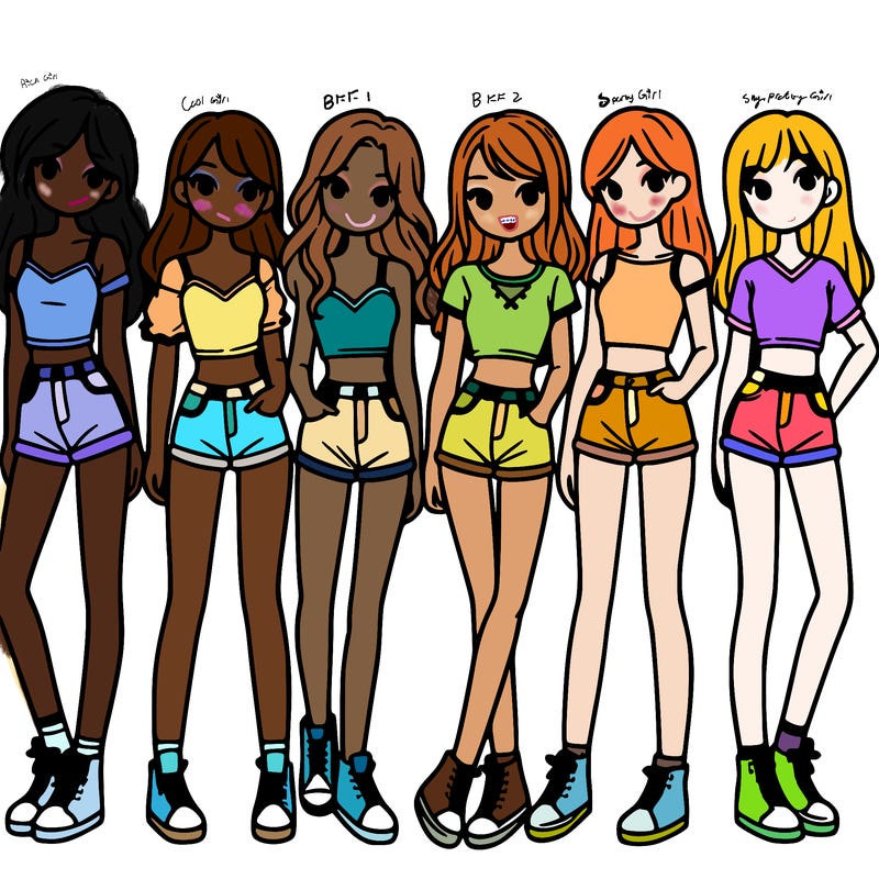a group of girls wearing crop tops and shorts