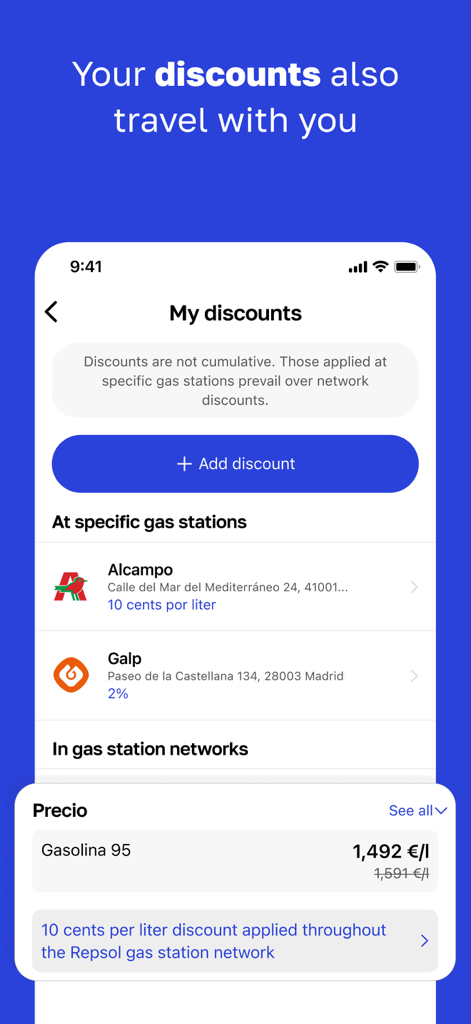 Pantalla móvil de la aplicación GasAll mostrando descuentos de combustible y ahorros de precios para gasolineras en España