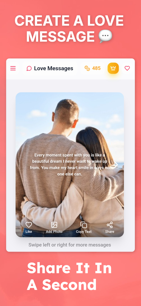 Love Messages - Create & Share - Interfaz de la aplicación Mensajes de Amor mostrando una cita romántica sobre una foto de una pareja con opciones para compartir