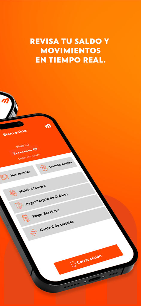 Multiva | Banca Digital Móvil - Interfaz de la aplicación de banca móvil de Multiva que muestra el saldo en tiempo real y las opciones de administración de cuentas.