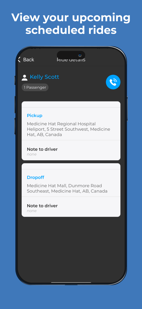 Mobile screen of Y-DrivER app showing passenger details with pickup at a hospital and dropoff at a mall