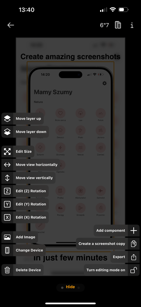 Menú de edición en App Previews para personalizar capas y rotaciones de mockups de iPhone
