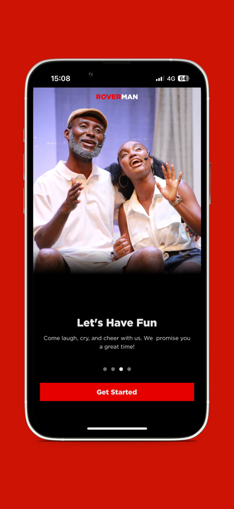 RoverApp - Welcome screen of RoverApp featuring two theatrical performers and a get started button