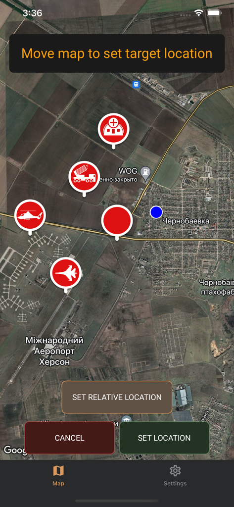 A satellite map interface in the Tactical Map app showing military icons and target selection tools
