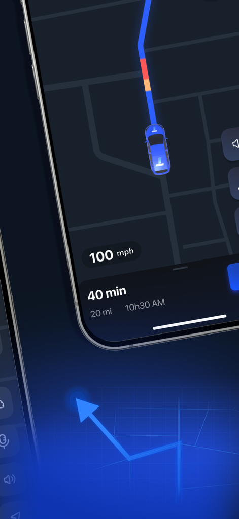 Turbo Map - Navigation screen of Turbo Map app showing a blue car on a route with travel time and speed