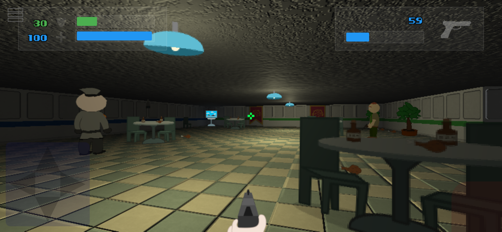 Death 3d - Gameplay screenshot of Death 3d showing retro first person shooter graphics and a cafeteria level