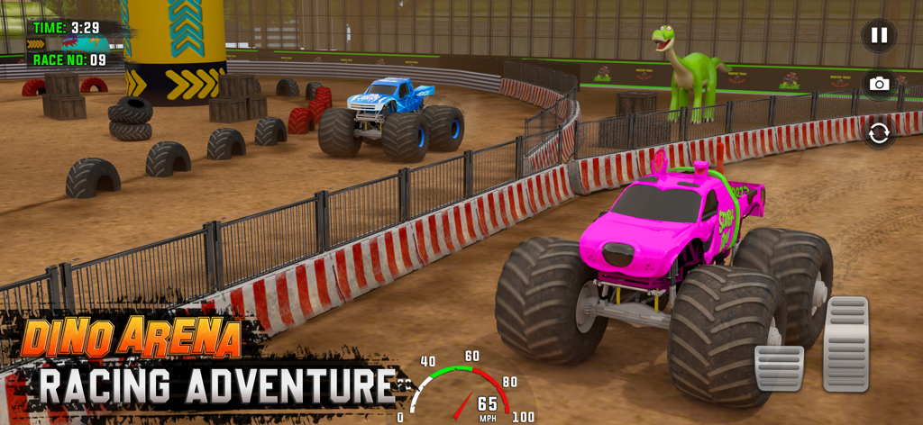 Monster Truck: Drag Race Clash - Monster truck rosa compitiendo en la Arena Dino con una estatua de dinosaurio