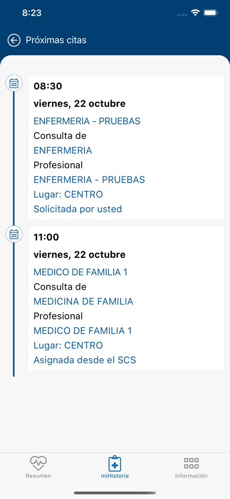 Cronología de las próximas citas médicas en la aplicación miHistoria