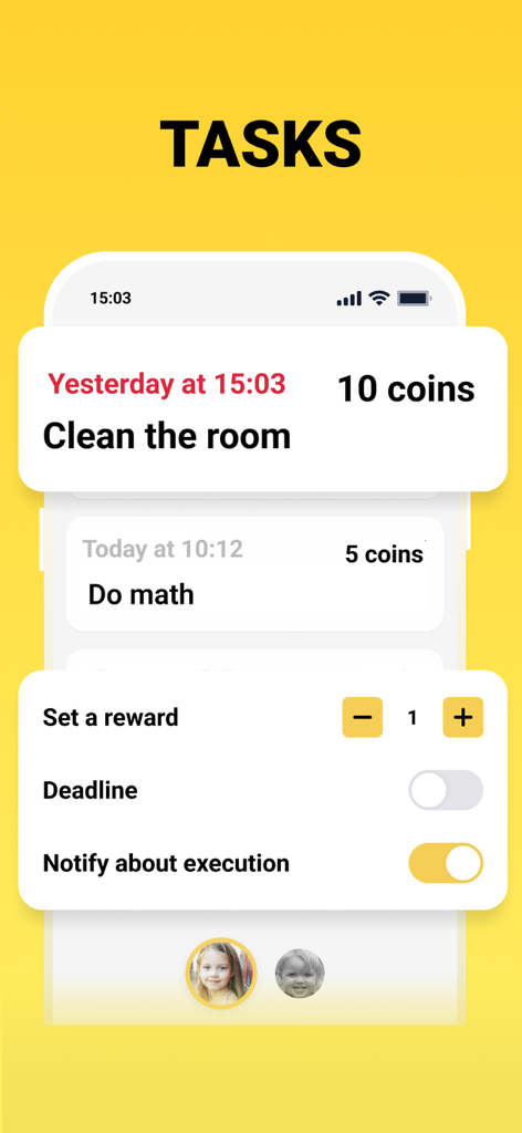 Geopapa: GPS location tracker - Geopapa app task management screen showing chores and coin rewards for children