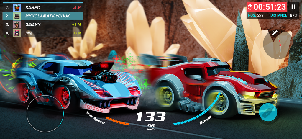 Max Speed: 3D Stunt Race - Two stylized race cars competing on a track with glowing crystals and game UI.