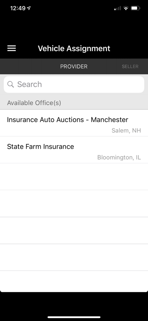 CSAToday by IAA - CSAToday mobile app interface showing vehicle assignment provider selection list