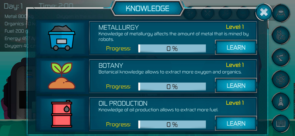 Random Space: Survival - Knowledge menu in Random Space Survival featuring metallurgy botany and oil production research