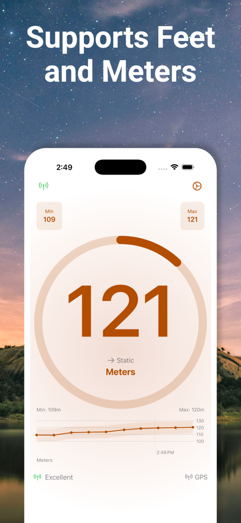 GPS Altimeter & Barometer - Digital altimeter showing altitude in meters with a historical trend graph.