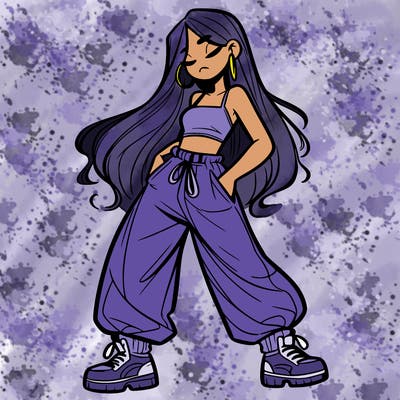 girl in baggy pants crop top and long hair