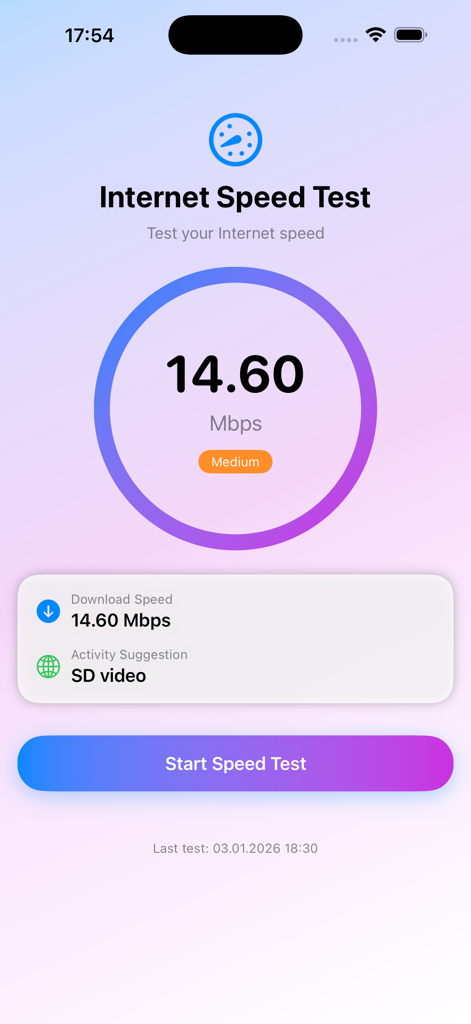 Speed Test Meter - Speed Test Meter app interface showing an internet speed result of 14.60 Mbps and SD video activity suggestion