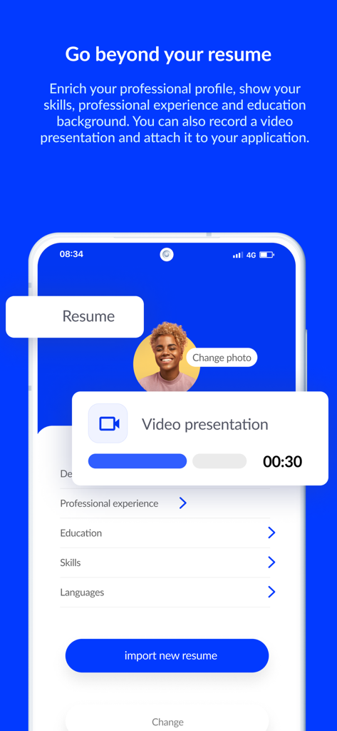 Plooral: Career & Jobs - Plooral career app screen showing professional profile setup with video resume and skills