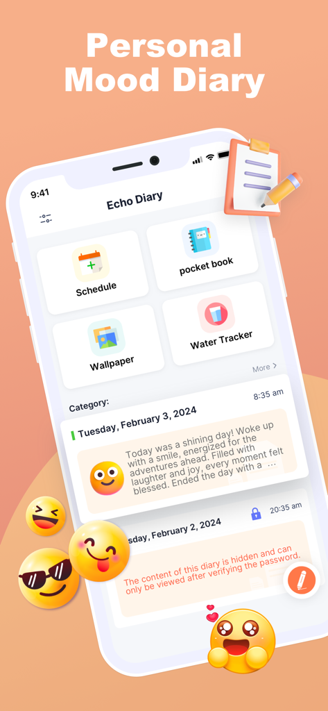 Echo Diary - Wallpaper & List - Interfaz de la aplicación Echo Diary que muestra entradas del diario de estado de ánimo y funciones de seguimiento del estilo de vida.