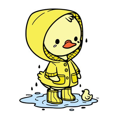baby duck in a rain coat and boots, in a puddle while it’s raining