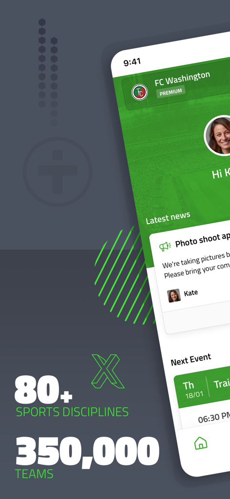 Dashboard der TeamPlus-App, das Mannschaftsneuigkeiten und bevorstehende Trainingsveranstaltungen auf einem Smartphone-Bildschirm anzeigt.