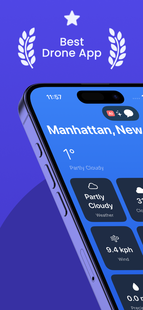 Drone Forecast DJI Fly Air Map - Interfaz de la aplicación Drone Forecast que muestra la velocidad del viento y el clima para una planificación de vuelo segura.