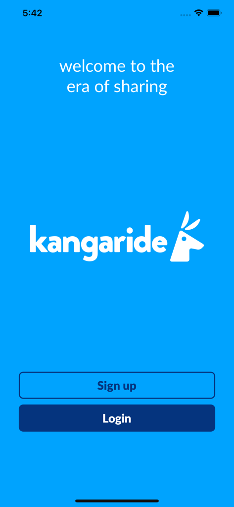 Kangaride - Pantalla de bienvenida de la aplicación Kangaride con botones de registro e inicio de sesión