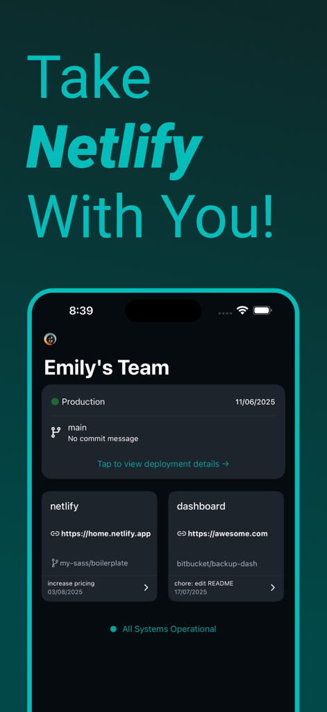 Dashify for Netlify.com - Dashify モバイルアプリインターフェースに Netlify チームサイトとデプロイメントステータスが表示されています