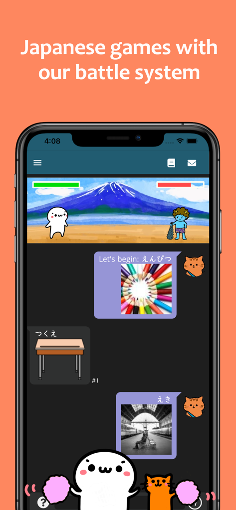 Una captura de pantalla de la aplicación de aprendizaje de japonés renshuu que muestra un lindo juego de sistema de batalla con mascotas y tarjetas de memoria de vocabulario.