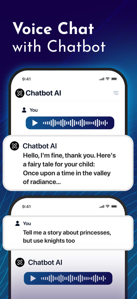 Interface de aplicativo móvel mostrando uma interação de chat de voz com o Chatbot AI para contar histórias.
