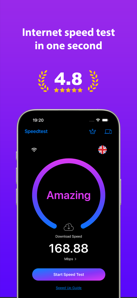 SpeedRace：Speed test & Ranking - SpeedRace app interface on iPhone showing a download speed result of 168.88 Mbps