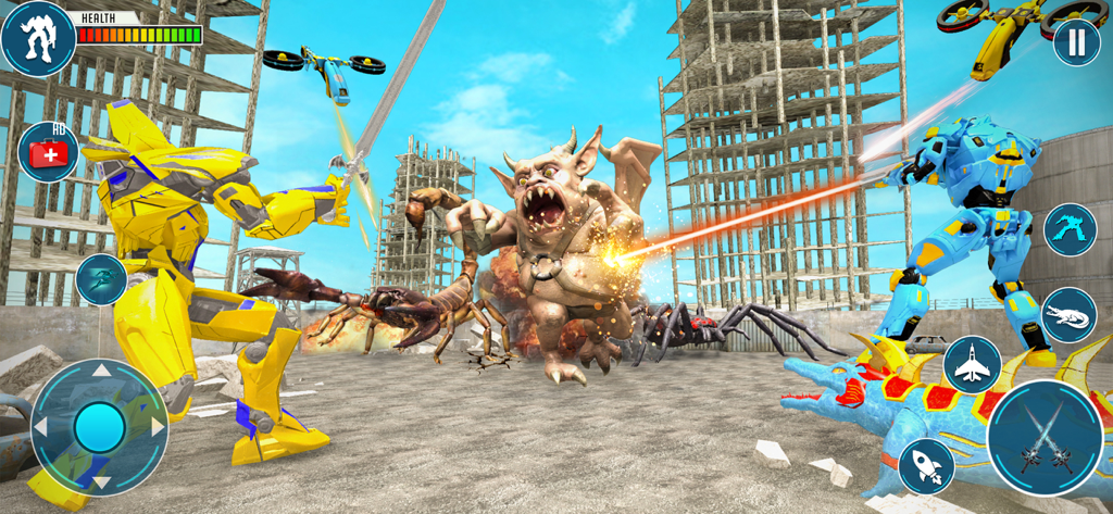 Crocodile Robot War Fighter - Yellow and blue robots battle a giant gargoyle and scorpion in a city construction zone.