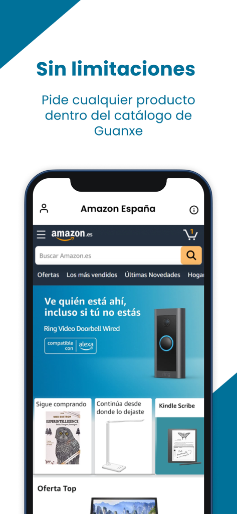 Interfaz de la aplicación móvil Guanxe que muestra el catálogo de Amazon España para enviar artículos a las Islas Canarias