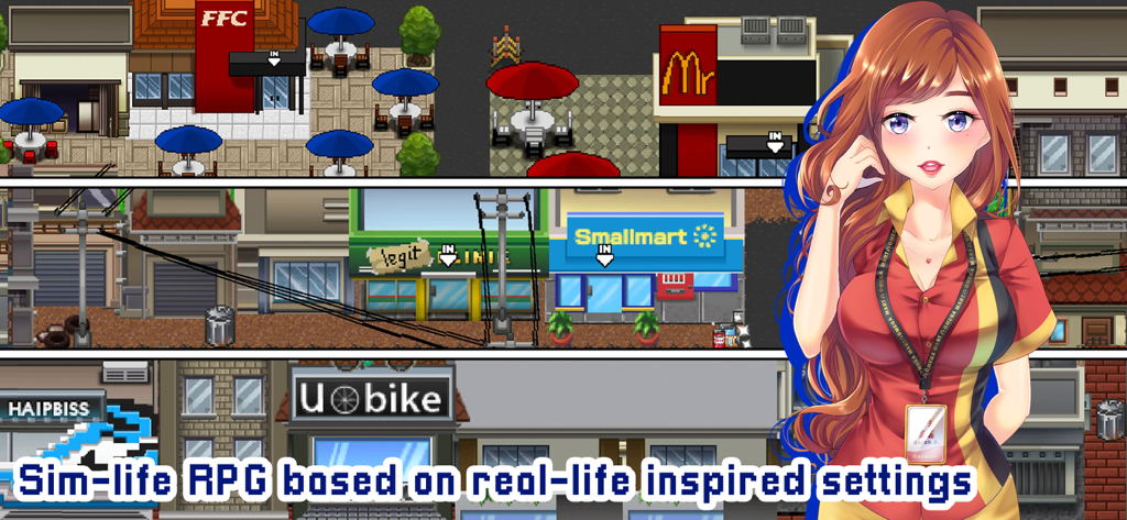 Citampi Stories: Love and Life - Anime style character in a pixel art town with various shops and restaurants