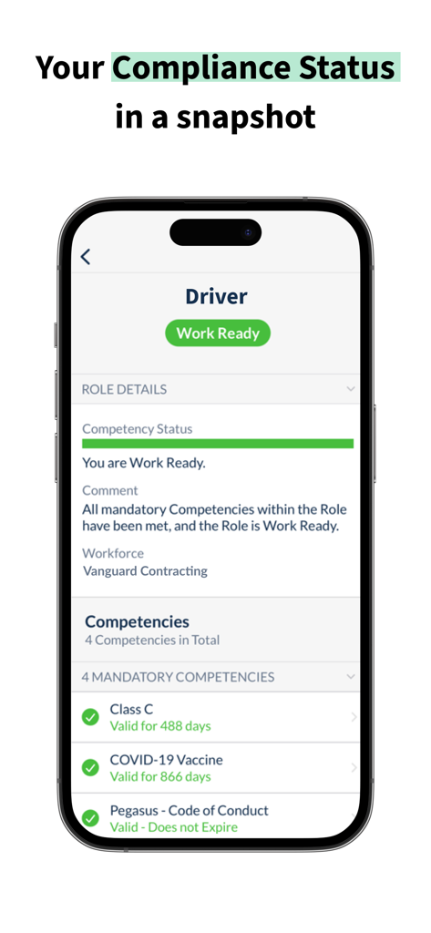 完了した資格のリストとともに、作業準備完了と表示された作業員のコンプライアンス状況を示すモバイルアプリ画面。