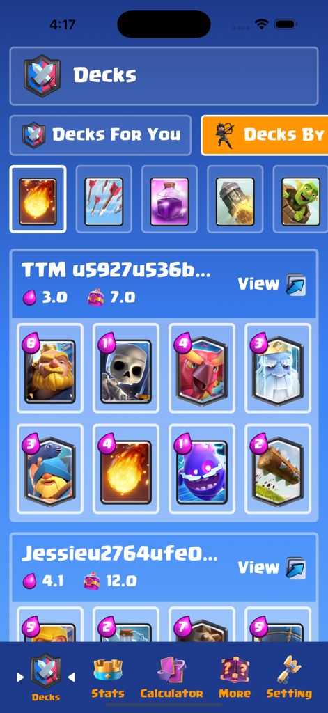 Deck Guides - Bildschirm, der empfohlene Clash Royale Decks mit Kartendetails und Elixierkosten in der Deck Guides App anzeigt