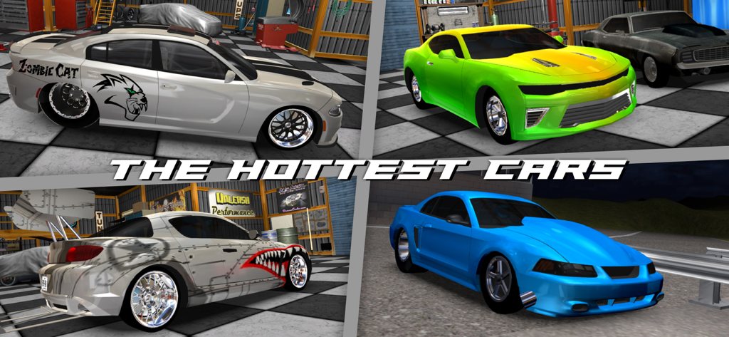 Door Slammers 2 Drag Racing - A collage of four highly customized drag racing cars in Door Slammers 2 featuring muscle cars with unique paint and decals.