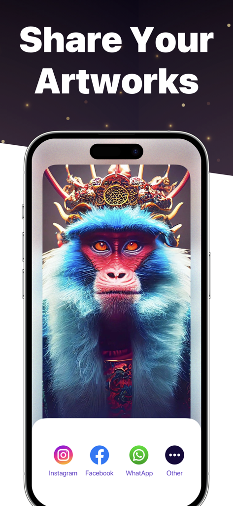 AI Photo Generator & Maker - ソーシャルメディア共有アイコン付きのスマートフォン上のカラフルなAI生成された猿のポートレート