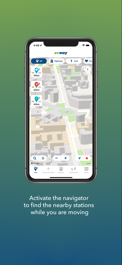 evway - Car Navigator eMX - Smartphone screen displaying evway map with nearby EV charging stations