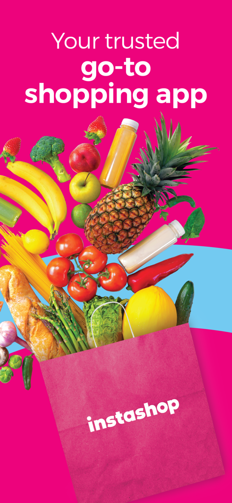 instashop: Groceries & more - Frische Lebensmittel quellen aus einer InstaShop-Markeneinkaufstasche